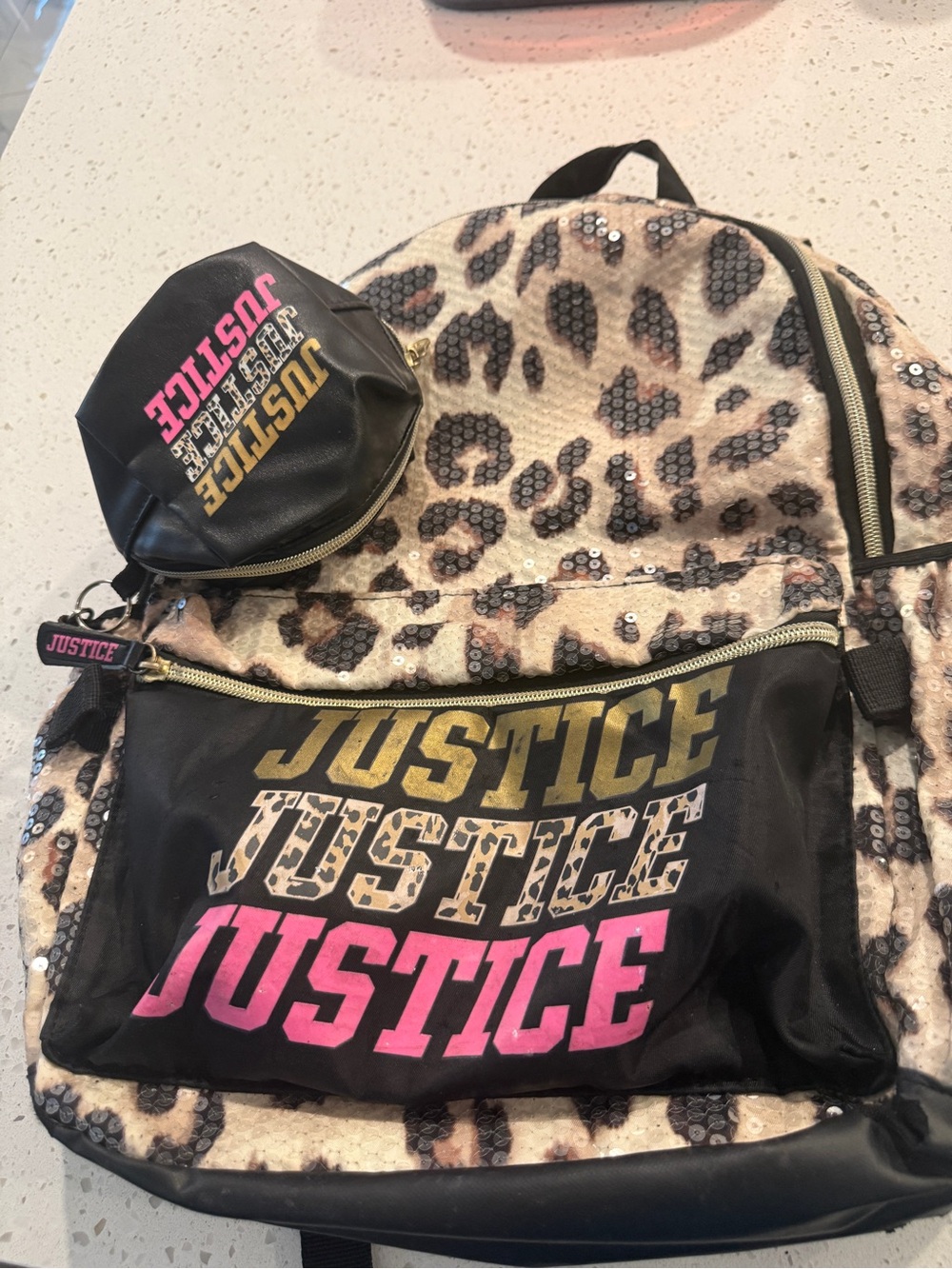 Justice Leopard Sequin Backpack with Pink & Gold Logo